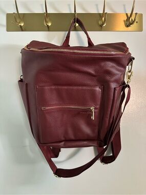 Fawn Design Maroon Convertible Leather Backpack with Gold Hardware